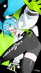 Rule 34 | aqua eyes, aqua hair, ass, asymmetrical legwear, backpack, bag, black background, black bodysuit, black gloves, blush, bodysuit, commentary, copyright name, cropped jacket, crypton future media, feet out of frame, flag, floating hair, from behind, from below, full moon, gloves, goodsmile racing, green gloves, hatsune miku, headphones, high collar, highres, holding, holding flag, jacket, kokaki mumose, leaning forward, light blush, long hair, long sleeves, looking back, moon, open mouth, outstretched hand, puffy long sleeves, puffy sleeves, racing miku, racing miku (2022), single thighhigh, smile, star (sky), thighhighs, twintails, two-tone gloves, vocaloid, w, white jacket