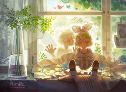 Rule 34 | 1boy, 1girl, against glass, blonde hair, bow, character name, closed eyes, curtains, dress, english text, facing viewer, hair bow, hair ornament, hairclip, hands on lap, indoors, kagamine len, kagamine rin, lace-trimmed sleeves, lace trim, leaf, photo (object), plant, puffy short sleeves, puffy sleeves, short hair, short sleeves, sitting, smile, snail, striped clothes, striped dress, sunlight, swept bangs, vase, vocaloid, water, white hair, window, yang niangniang