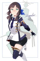 Rule 34 | 1girl, absurdres, adapted turret, black gloves, blue hairband, blue necktie, blue ribbon, blue thighhighs, blunt sidelocks, blush, breasts, brown hair, depth charge, freckles, gloves, green eyes, hair ribbon, hairband, highres, kantai collection, long hair, long sleeves, looking at viewer, ma rukan, medium breasts, mogador (kancolle), necktie, pleated skirt, purple necktie, ribbon, silhouette, skirt, solo, standing, standing on one leg, thighhighs, tie clip, torpedo launcher, two-tone legwear, white background