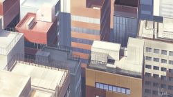 Rule 34 | building, city, cityscape, commentary request, fence, from above, hakuurei amano, highres, no humans, original, outdoors, rooftop, scenery, shadow, watermark, window