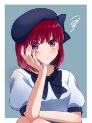 Rule 34 | 1girl, arima kana, beret, blue bow, blue bowtie, blue hat, blunt bangs, blush, bow, bowtie, commentary, hand on own cheek, hand on own face, hat, highres, looking at viewer, medium hair, oshi no ko, red eyes, red hair, shirt, simple background, solo, thinking, tonton (6kbgievnt89kt1f), white shirt
