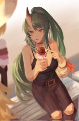 Rule 34 | 2girls, arknights, bare shoulders, belt, belt buckle, black pants, blonde hair, breasts, buckle, camisole, clothing cutout, collarbone, day, detached sleeves, food, green hair, highres, holding, holding food, horns, hoshiguma (arknights), ice cream cone, jewelry, long hair, long sleeves, looking at another, looking to the side, medium breasts, multiple girls, necklace, official alternate costume, open mouth, orange eyes, outdoors, pants, ponytail, scar, scar on face, single detached sleeve, sitting, skin-covered horns, skyregalias, solo focus, swire (arknights), very long hair