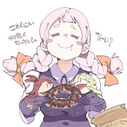 Rule 34 | 10s, 3girls, blunt bangs, blush, blush stickers, bow, braid, breasts, brown hair, character doll, character puppet, chris (mario), diana cavendish, doughnut, drooling, eating, food, foodgasm, green hair, happy, japanese text, jasminka antonenko, kagari atsuko, little witch academia, long hair, medium breasts, multiple girls, orange bow, pink hair, plump, puppet, school uniform, simple background, smile, text focus, translated, twin braids, upper body, white background, | |
