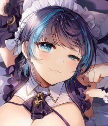 Rule 34 | 1girl, azur lane, blue hair, blush, breasts, cheshire (azur lane), cleavage, commentary request, gijang, large breasts, looking at viewer, multicolored hair, nail polish, solo, streaked hair, two-tone hair
