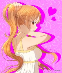 Rule 34 | 1girl, absurdres, asuna (sao), bare arms, braid, breasts, brown eyes, brown hair, colored shadow, dress, floating hair, french braid, highres, long hair, looking at viewer, looking to the side, medium breasts, pink background, ponytail, profile, rei no himo, ribbon, shadow, shoulder blades, sleeveless, sleeveless dress, solo, sword art online, tu tora2, twitter username, tying hair, very long hair, white dress, yellow ribbon