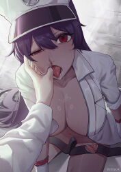 Rule 34 | 1girl, 1other, bambietta basterbine, bleach, blood, bottomless, breasts, chilakkk, cleavage, drooling, gloves, half-closed eye, hat, highres, long hair, looking at viewer, military hat, navel, nosebleed, pov, purple hair, red eyes, sitting, very long hair, white gloves