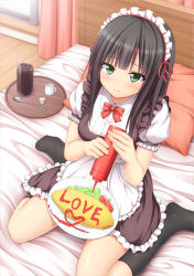Rule 34 | 1girl, apron, bad id, bad pixiv id, bed, black hair, black socks, blunt bangs, blush, bow, cream, cup, drink, drinking straw, food, glass, green eyes, highres, ice, juice, ketchup, lettuce, long hair, looking at viewer, maid, maid apron, maid headdress, milk, nakamura sumikage, omelet, omurice, on bed, original, pillow, plate, sitting, smile, socks, solo, spoon, tomato, tray, wariza