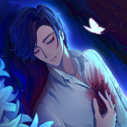 Rule 34 | 1boy, 713meng, blood, blood on clothes, blue hair, bug, butterfly, clarence clayden, closed eyes, closed mouth, collared shirt, curtained hair, death, flower, hand on own chest, highres, insect, light particles, lily (flower), long sleeves, lovebrush chronicles, lying, male focus, mole, mole under eye, on back, open collar, pool of blood, shirt, short hair, solo, swept bangs, upper body, white flower, white lily, white shirt