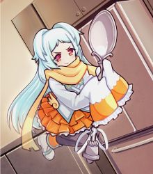 Rule 34 | 1girl, black pants, blue hair, blush, closed mouth, comically large spoon (meme), floating, highres, holding, holding spoon, indoors, jacy, layered skirt, long hair, looking at viewer, meme, miyako (princess connect!), orange skirt, pants, princess connect!, red eyes, refrigerator, scarf, shirt, shoes, skirt, sleeves past fingers, sleeves past wrists, smile, solo, spoon, v-shaped eyebrows, white shirt