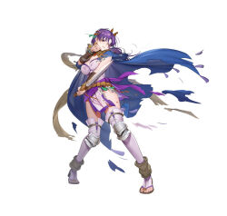 Rule 34 | 1girl, cape, damaged, earrings, female focus, fire emblem, fire emblem: the binding blade, fire emblem heroes, hanusu, holding, holding sword, holding weapon, jewelry, juno (fire emblem), juno (nimble grace) (fire emblem), matching hair/eyes, nintendo, one eye closed, pelvic curtain, ponytail, purple eyes, purple hair, solo, sword, tassel, tassel earrings, toeless footwear, toes, torn cape, torn clothes, weapon, wince