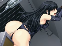Rule 34 | 1girl, anal, arms up, ass, bdsm, black hair, bondage, bound, bound wrists, carmine (company), cell, censored, closed eyes, enema, game cg, gloves, indoors, kagura chizuru (noise), kanzaki naoya, leather, long hair, noise (eroge), open mouth, panties, prison, rope, tears, underwear, water, wooden horse