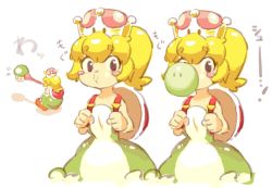 Rule 34 | 1-up mushroom, 1girl, 1up, backpack, bag, bare arms, bare shoulders, blush stickers, boots, blowing bubbles, chewing gum, dress, facing viewer, feet out of frame, flat chest, flying sweatdrops, green dress, humanization, ireading, long tongue, looking at viewer, mario (series), mushroom, new super mario bros. u deluxe, nintendo, orange footwear, ponytail, sequential, simple background, sleeveless, standing, super crown, tongue, turtle shell, white background, yoshette, yoshi