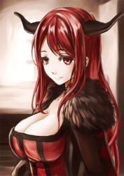 Rule 34 | 10s, 1girl, argyle, bad id, bad pixiv id, breasts, cleavage, fur trim, horns, huge breasts, hyp, long hair, looking at viewer, maou (maoyuu), maoyuu maou yuusha, red eyes, red hair, smile, solo