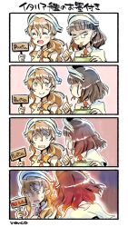 Rule 34 | 10s, 2girls, 4koma, angry, annoyed, bowl, brown eyes, brown hair, capelet, comic, eating, glasses, gradient background, kantai collection, littorio (kancolle), long hair, multiple girls, nonco, pince-nez, placard, roma (kancolle), scared, shaded face, short hair, sign, silent comic, simple background, trembling, turn pale, wavy mouth