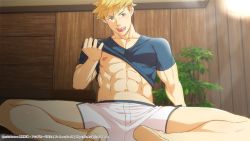 Rule 34 | 10s, 1boy, abs, barefoot, blonde hair, crotch, feet, granblue fantasy, green eyes, looking at viewer, male focus, muscular, nipples, nukobaooo, open mouth, pectorals, sitting, smile, solo, undressing, vane (granblue fantasy)