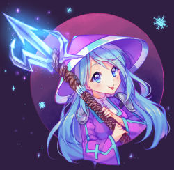 Rule 34 | 1girl, :p, artist name, blue eyes, blue hair, blush, borrowed character, bowl, bowl hat, closed mouth, colored eyelashes, commission, dress, eyelashes, glowing, glowing weapon, hat, holding, holding weapon, hyanna-natsu, long hair, long sleeves, looking at viewer, matching hair/eyes, original, polearm, portrait, purple dress, purple hat, shoulder pads, smile, snowflakes, solo, tareme, tongue, tongue out, trident, upper body, weapon, wide sleeves