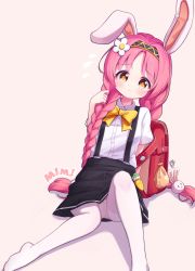 Rule 34 | 1girl, animal ears, bag, blouse, blush, bow, braces, braid, brown background, brown eyes, child, collared shirt, drill hair, fake rabbit ears, hair ornament, hairband, highres, kemonomimi mode, leaning to the side, long hair, mimi (princess connect!), pantyhose, parted bangs, pink hair, princess connect!, rabbit ears, rabbit hair ornament, ribbon, school bag, setmen, shirt, simple background, sitting, skirt, socks, solo, suspender skirt, suspenders, twin braids, twin drills, white pantyhose, white shirt, yellow bow