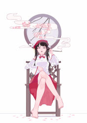 Rule 34 | :o, bare legs, bare shoulders, barefoot, black hair, breasts, crossed legs, detached sleeves, dolls in pseudo paradise, flat cap, foresty, full body, grey eyes, hat, highres, holding, holding smoking pipe, label girl (dipp), long hair, looking at viewer, medium breasts, nail, petals, red neckwear, red ribbon, red skirt, ribbon, shirt, simple background, sitting, skirt, smoking pipe, toes, touhou, white background, white shirt