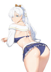 Rule 34 | 1girl, absurdres, anastasia (fate), anastasia (swimsuit archer) (fate), anastasia (swimsuit archer) (third ascension) (fate), ass, back, bikini, blue bikini, blue eyes, bow, closed mouth, copper, crossed arms, fate/grand order, fate (series), from side, hair between eyes, hair bow, hair ornament, hairclip, highres, jewelry, long hair, looking back, necklace, silver hair, solo, swimsuit, white background