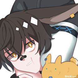 Rule 34 | 2boys, absurdres, animal, animal ears, annoyed, arknights, ayerscarpe (arknights), bandaid, bandaid on face, bandaid on nose, bishounen, brown hair, commentary, ear piercing, english commentary, hand on thigh, head between thighs, highres, kimchi15922858, leonhardt (arknights), male focus, multiple boys, piercing, short hair, tail, thigh straddling, thighs, yellow eyes, yellow fur