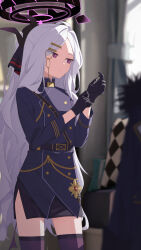 Rule 34 | 1girl, adjusting clothes, adjusting gloves, aiguillette, arms up, belt, black gloves, black skirt, black thighhighs, blue archive, blurry, blurry background, buttons, coat, cowboy shot, demon horns, demon wings, double-breasted, gloves, grey hair, hair intakes, hair ornament, hairclip, halo, highres, hina (blue archive), horns, indoors, long hair, long sleeves, low wings, mikan battery, military uniform, miniskirt, parted bangs, pencil skirt, purple eyes, side slit, single wing, skirt, solo, thighhighs, uniform, unworn coat, very long hair, wings