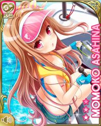 Rule 34 | 1girl, artist request, asahina momoko, ass, bikini, bikini top only, bikini under clothes, boat, brown hair, character name, flat chest, from above, girlfriend (kari), life vest, long hair, looking back, looking up, ocean, official art, qp:flapper, red eyes, ribbon, sailing, short shorts, shorts, side ponytail, solo, swimsuit, swimsuit under clothes, visor cap, water, watercraft