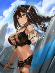 Rule 34 | 1girl, areola slip, azur lane, bangle, bare shoulders, black hair, black shorts, blush, bracelet, braid, breasts, closed mouth, cloud, cloudy sky, cowboy shot, crop top, dark-skinned female, dark skin, day, edobox, expressionless, feather hair ornament, feathers, floating hair, hair between eyes, hair ornament, holding, holding shield, jewelry, large breasts, lips, long hair, looking at viewer, navel, necklace, outdoors, shield, shiny skin, short shorts, shorts, sky, solo, south dakota (azur lane), standing, stomach, tri braids, tsurime, wind