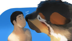 Rule 34 | 2boys, animal ear fluff, animal ears, bara, bird, black eyes, black fur, black hair, blush, boogbogex, brown eyes, brown fur, close-up, couple, cropped, dog boy, dog ears, dog tail, english text, face-to-face, furry, furry male, furry with non-furry, giant, giant male, highres, interspecies, leaning forward, male focus, multiple boys, muscular, nipples, orange fur, original, shiny skin, short hair, sideburns, size difference, sweatdrop, tail, upper body, whiskers, white fur, yaoi