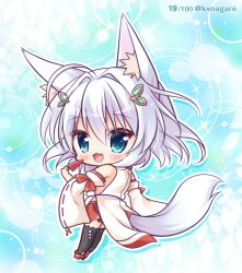 Rule 34 | 1girl, animal ear fluff, animal ears, bad id, bad pixiv id, bare shoulders, black thighhighs, blue eyes, blush, brown footwear, chibi, commentary request, copyright request, detached sleeves, food, fox ears, fox girl, fox tail, full body, glint, hair between eyes, hair ornament, highres, holding, holding food, japanese clothes, kimono, long hair, long sleeves, pleated skirt, popsicle, red skirt, ribbon-trimmed sleeves, ribbon trim, ryuuka sane, silver hair, skirt, sleeveless, sleeveless kimono, solo, standing, tail, thighhighs, twitter username, watermelon bar, white kimono, white sleeves, wide sleeves