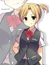 Rule 34 | 10s, 1girl, :q, black vest, blonde hair, bow, bowtie, buttons, gloves, green eyes, hand on own hip, kantai collection, looking at viewer, maikaze (kancolle), md5 mismatch, red bow, red bowtie, resized, resolution mismatch, shirt, short sleeves, simple background, solo, source larger, tongue, tongue out, twitter username, upper body, vest, white background, white shirt, yukichi (eikichi), zoom layer