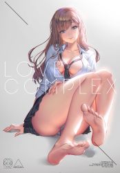 Rule 34 | 1girl, arm support, artist name, barefoot, black necktie, blue eyes, blush, breasts, brown hair, closed mouth, collarbone, commentary request, fingernails, foot focus, foreshortening, full body, gradient background, head tilt, highres, large breasts, lips, long fingernails, long hair, looking at viewer, love cacao, mole, mole on body, mole on breast, necktie, original, panties, pleated skirt, shadow, shiny skin, shirt, simple background, sitting, skirt, sleeves rolled up, smile, solo, thighs, toes, underwear, white panties, white shirt