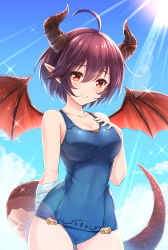 Rule 34 | 1girl, ahoge, arm behind back, bandaged arm, bandages, blue sky, blush, breasts, cleavage, cloud, collarbone, commentary request, cowboy shot, day, dragon girl, dragon horns, dragon tail, dragon wings, granblue fantasy, grea (shingeki no bahamut), hair between eyes, hand on own chest, highres, horns, lens flare, looking at viewer, medium breasts, one-piece swimsuit, outdoors, pointy ears, purple hair, red eyes, school swimsuit, shingeki no bahamut, short hair, sky, smile, solo, standing, sunlight, swimsuit, tail, tomo (tmtm mf mf), wings