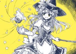Rule 34 | 1girl, :d, apron, broom, buttons, frilled hat, frilled skirt, frills, gurajio, hat, highres, holding, holding broom, kirisame marisa, looking at viewer, mini-hakkero, open mouth, petticoat, puffy short sleeves, puffy sleeves, short sleeves, simple background, skirt, smile, solo, standing, star (symbol), touhou, v-shaped eyebrows, waist apron, witch hat, yellow background, yellow eyes