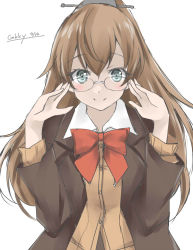 Rule 34 | 1girl, blazer, blue eyes, bow, bowtie, brown hair, cardigan, gakky, jacket, kantai collection, kumano (kancolle), kumano kai ni (kancolle), long hair, looking at viewer, one-hour drawing challenge, orange bow, orange bowtie, ponytail, simple background, solo, upper body, white background