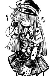 Rule 34 | 1girl, alina gray, black bow, black hat, black necktie, black vest, blunt ends, bow, brooch, chain, collar, cross tie, detached collar, fur cuffs, greyscale, hair between eyes, hat, highres, jewelry, lapels, long hair, magia record: mahou shoujo madoka magica gaiden, magical girl, mahou shoujo madoka magica, miniskirt, monochrome, necktie, notched lapels, peaked cap, pleated skirt, puffy short sleeves, puffy sleeves, scowl, scratching head, see-through, see-through sleeves, short sleeves, sidelocks, simple background, skirt, sleeve cuffs, solo, straight hair, striped clothes, striped skirt, v-neck, vertical-striped clothes, vertical-striped skirt, very long hair, vest, waist bow, white collar, white sleeves, youichi82880400