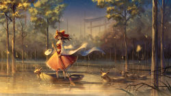 Rule 34 | 1girl, animal, ascot, boat, bow, brown hair, chinese commentary, commentary request, detached sleeves, floating hair, forest, hair bow, hair tubes, hakurei reimu, highres, ji dao ji, light rays, long hair, looking at viewer, midriff, nature, night, oar, outdoors, partial commentary, red bow, red skirt, red vest, reflection, reindeer, ribbon-trimmed sleeves, ribbon trim, ripples, sidelocks, skirt, skirt set, sky, socks, solo, standing, star (sky), starry sky, sunbeam, sunlight, torii, touhou, tree, vest, water, watercraft, white socks, wide sleeves, wind, yellow ascot