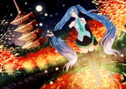 Rule 34 | 1girl, autumn, bad id, bad pixiv id, blue eyes, blue hair, boots, detached sleeves, dutch angle, forest, full moon, hatsune miku, headphones, headset, highres, juu satoshi, kyoto, long hair, moon, nature, necktie, outstretched arm, pagoda, ripples, solo, standing, standing on liquid, thigh boots, thighhighs, twintails, very long hair, vocaloid