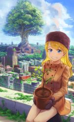 Rule 34 | 1girl, absurdres, blonde hair, blue eyes, blue sky, brown hat, brown mittens, day, hat, highres, kurageso, looking at viewer, mittens, original, outdoors, plant, potted plant, scenery, sitting, sky, solo, tree