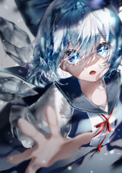 Rule 34 | 1girl, absurdres, blue bow, blue dress, blue eyes, blue hair, blue sailor collar, blurry, bow, cirno, depth of field, dissolving, dress, hair bow, hair over eyes, highres, ice, ice wings, light particles, looking at viewer, melting, neck ribbon, open mouth, reaching, reaching towards viewer, red ribbon, ribbon, sailor collar, short hair, solo, touhou, translucent hair, white sleeves, wings, yukia (yukia 777)