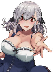 Rule 34 | 1girl, bare shoulders, black ribbon, breasts, cleavage, collarbone, dress, girls&#039; frontline, hair ribbon, highres, kojima (blue stardust), large breasts, long hair, looking at viewer, open mouth, red eyes, ribbon, silver hair, simple background, smile, solo, spas-12 (girls&#039; frontline), upper body, white background