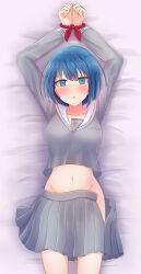 Rule 34 | 1girl, :&lt;, @ @, absurdres, arms up, bdsm, bed sheet, blue eyes, blue hair, blush, bob cut, bondage, bound, bound wrists, breasts, collarbone, commentary, cowboy shot, embarrassed, flustered, from above, grey serafuku, grey shirt, grey skirt, groin, highres, kiritani haruka, long sleeves, looking at viewer, lying, masurao19, medium breasts, midriff, navel, neckerchief, no panties, on back, on bed, open clothes, open skirt, own hands together, parted bangs, pleated skirt, project sekai, red neckerchief, restrained, sailor collar, school uniform, serafuku, shirt, short hair, skirt, solo, sweatdrop, unworn neckerchief, unzipped, white sailor collar