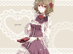 Rule 34 | 1girl, alternate costume, border, bow, character name, doily, dress, female focus, finger to mouth, flower, frilled sleeves, frills, gloves, green eyes, hair flower, hair ornament, heart, karunabaru, kazami yuuka, lace, lace border, lolita fashion, ornate border, red eyes, red flower, red rose, rose, short hair, smile, solo, touhou, valentine, wide sleeves