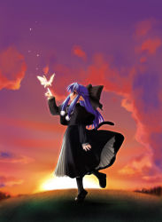 Rule 34 | 00s, 1girl, black dress, blue hair, bow, bug, butterfly, capelet, cat tail, cloud, dress, grass, hair bow, half updo, bug, kagetsu tooya, len (tsukihime), long hair, melty blood, nature, pointy ears, red eyes, ribbon, sky, solo, star (sky), star (symbol), starry sky, tail, tsukihime, type-moon
