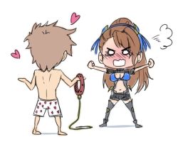 Rule 34 | 10s, 1boy, 1girl, akairiot, angry, beatrix (granblue fantasy), blush, breasts, brown hair, chibi, cleavage, collar, granblue fantasy, hair ornament, hair ribbon, hairband, heart, long hair, navel, no pupils, open mouth, ponytail, underwear, white background