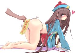 Rule 34 | 1girl, all fours, anchor necklace, ass, azur lane, blue eyes, blush, brown hair, headphones, jewelry, long hair, long island (azur lane), looking at viewer, midriff, necklace, ofuda, p.i.t.d, sleeves past fingers, sleeves past wrists, thighs, very long hair
