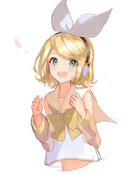 Rule 34 | 1girl, absurdres, aqua eyes, blonde hair, bow, detached sleeves, falling petals, hair bow, hands up, headphones, highres, kagamine rin, looking at viewer, neckerchief, note55885, open mouth, petals, sailor collar, shirt, short hair, sleeveless, sleeveless shirt, smile, solo, swept bangs, treble clef, upper body, vocaloid, white background, white bow, white shirt, yellow neckerchief