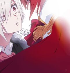 Rule 34 | 2boys, brothers, brown eyes, cape, closed mouth, epaulettes, facing to the side, idolish7, incest, kujou tenn, looking at another, looking at viewer, multiple boys, nanase riku, parted lips, pink hair, red cape, red eyes, red hair, shirt, short hair, siblings, smile, tomoko (morishio823), twincest, twins, white shirt, yaoi