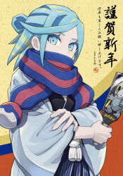Rule 34 | 1boy, alternate costume, aqua eyes, aqua hair, black kimono, blue scarf, character print, commentary request, creatures (company), eyelashes, frigibax, game freak, grey jacket, grusha (pokemon), highres, holding, holding paddle, jacket, japanese clothes, kimono, looking at viewer, male focus, min (myna8247), nintendo, open clothes, open jacket, paddle, poke ball print, pokemon, pokemon sv, scarf, scarf over mouth, solo, striped clothes, striped scarf, translation request