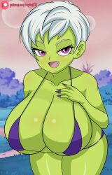 Rule 34 | 1girl, alternate breast size, bikini, breasts, cheelai, colored skin, dragon ball, dragon ball super, green skin, highres, large breasts, leaning forward, looking at viewer, purple eyes, purple nails, raydonxd, solo, swimsuit, tagme, white hair