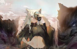 1girl absurdres animal_ears arknights black_jacket commentary_request crop_top cropped_jacket hand_on_own_hip highres holding holding_mask jacket lappland_(arknights) long_hair long_sleeves looking_at_viewer mask midriff navel parted_lips solo stomach upper_body very_long_hair white_hair wolf_ears yu_ruo